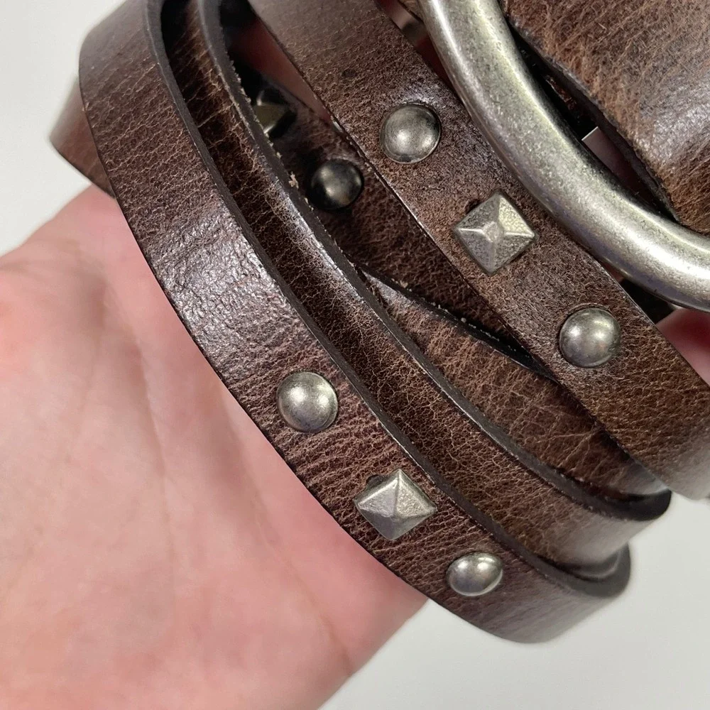 Vintage Genuine Leather Studded Belt Womens L Brown Silver Buckle Boho Western